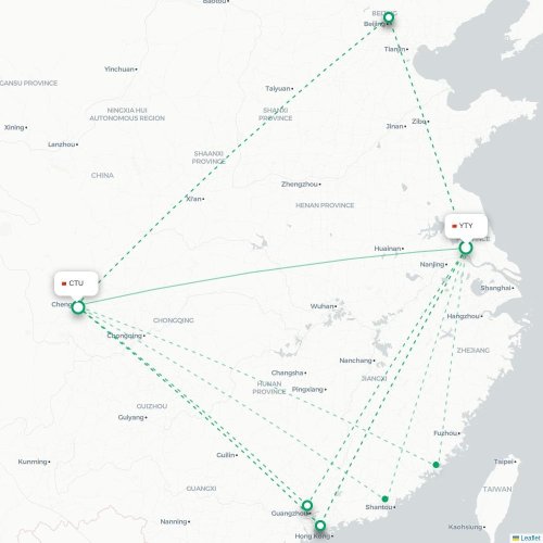 Mapa lotu bezpośredniego Yangzhou – Chengdu