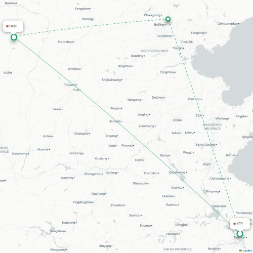 Mapa lotu bezpośredniego Yangzhou – Ordos City