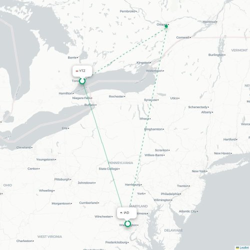 Toronto - Washington D.C. kaart van rechtstreekse vlucht