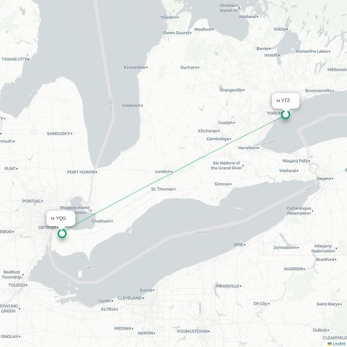 Mapa lotu bezpośredniego Toronto – Windsor