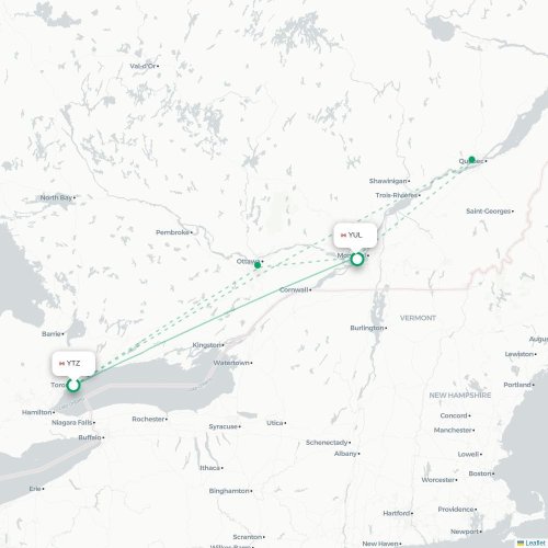 Mapa de vuelo directo Toronto - Montreal