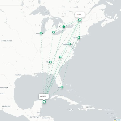 Mapa de vuelo directo Montreal - Cancún