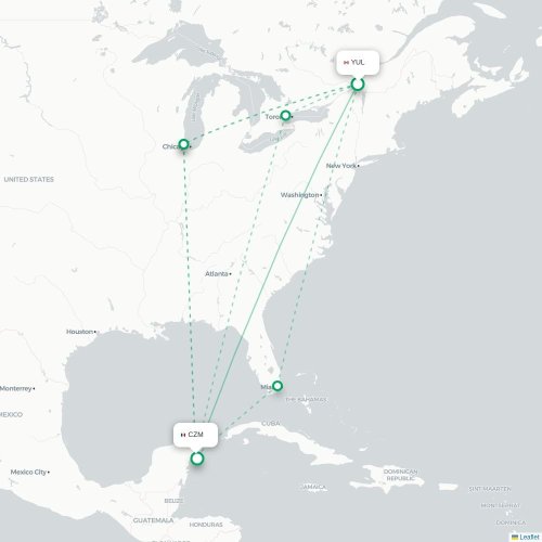 Mapa de vuelo directo Montreal - Cozumel
