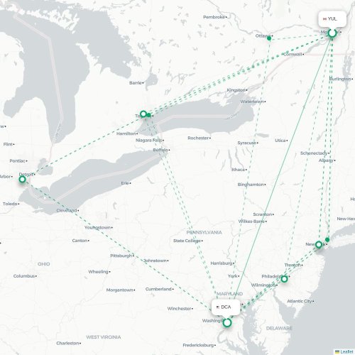 Mapa de vuelo directo Montreal - Washington D. C.