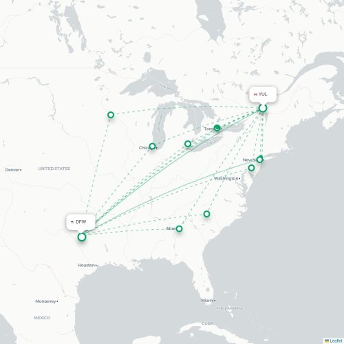 Mapa de vuelo directo Montreal - Dallas