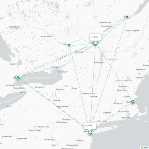 Montréal - Newark kaart van rechtstreekse vlucht