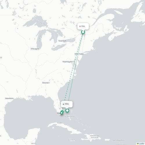 Mapa lotu bezpośredniego Montreal – Freeport