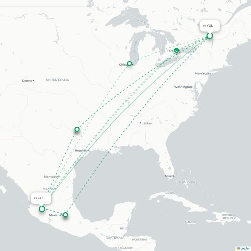 Mapa de vuelo directo Montreal - Guadalajara