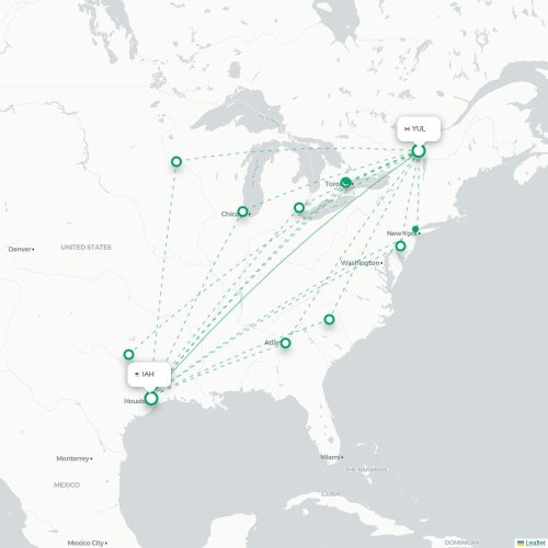 Mapa de vuelo directo Montreal - Houston