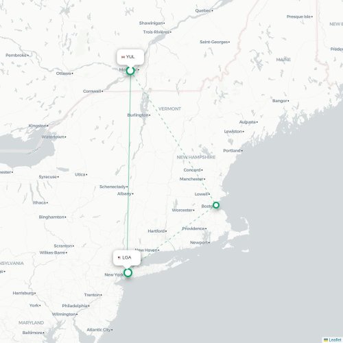Montréal - New York kaart van rechtstreekse vlucht