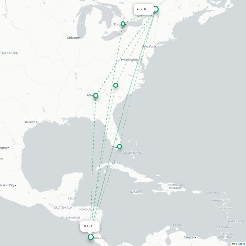 Mapa de vuelo directo Montreal - Liberia