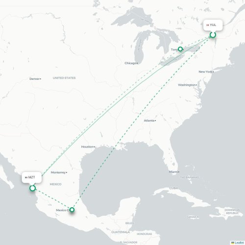 Mapa de vuelo directo Montreal - Mazatlán