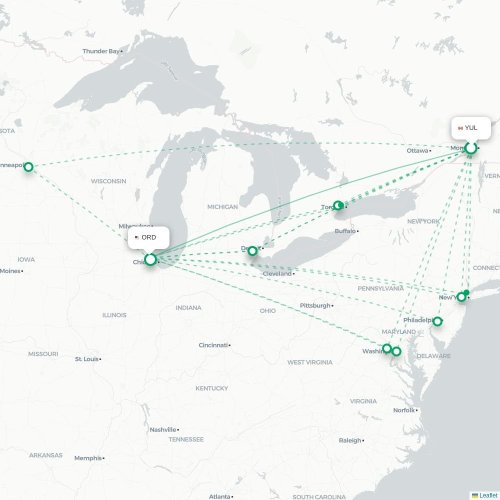Montréal - Chicago kaart van rechtstreekse vlucht