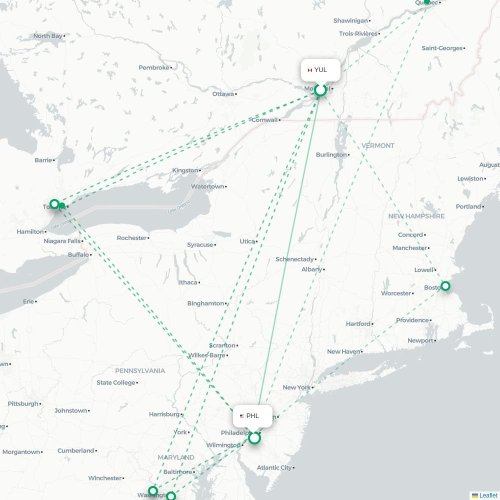 Montréal - Philadelphia kaart van rechtstreekse vlucht