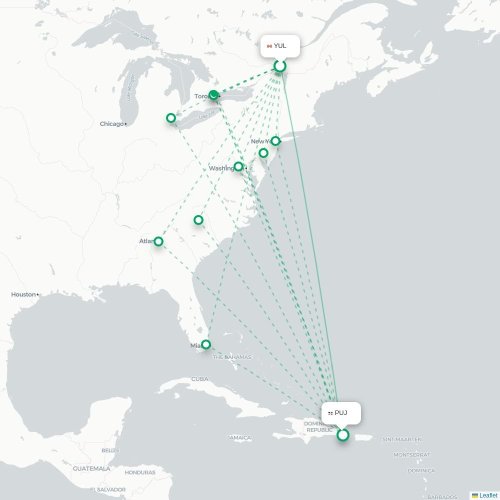 Mapa de vuelo directo Montreal - Punta Cana