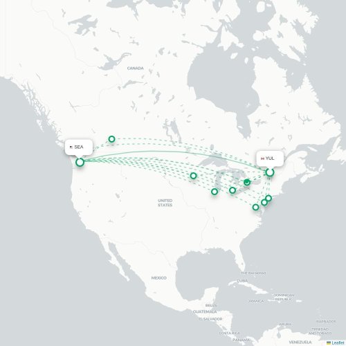 Mapa de vuelo directo Montreal - Seattle