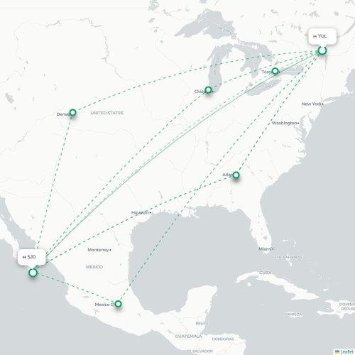 Mapa de vuelo directo Montreal - San José del Cabo