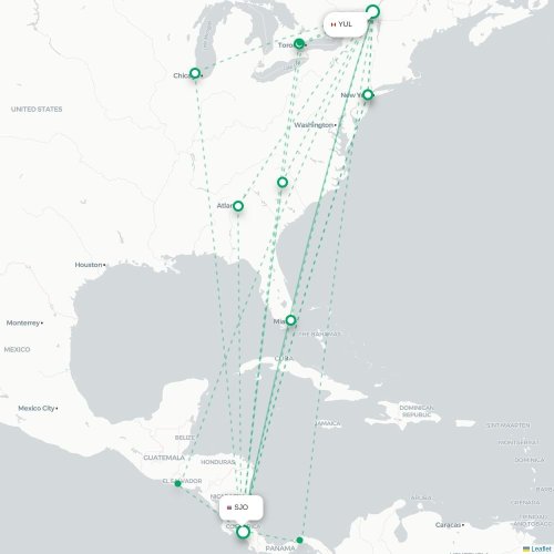 Mapa de vuelo directo Montreal - San José