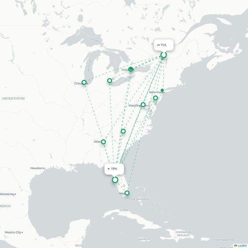 Mapa de vuelo directo Montreal - Tampa