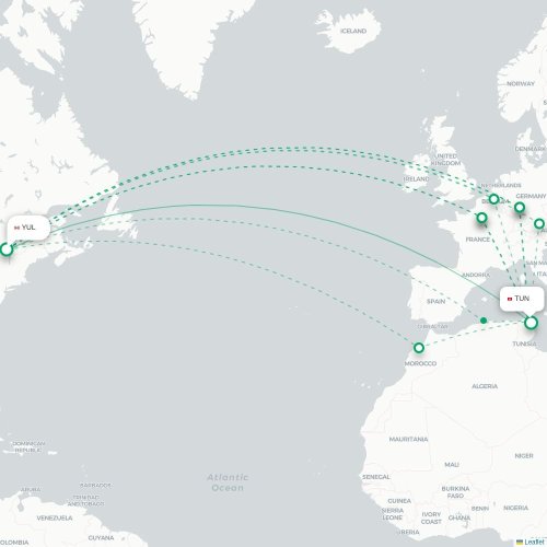 Mapa lotu bezpośredniego Montreal – Tunis