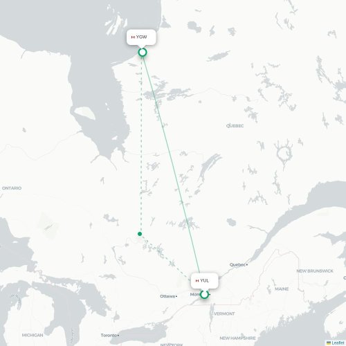 Mapa de vuelo directo Montreal - Kuujjuarapik