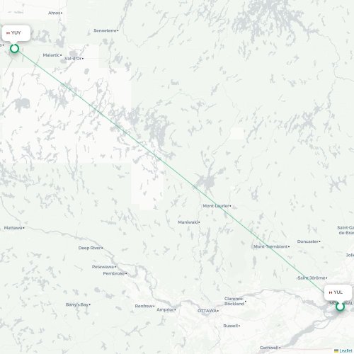 Mapa de vuelo directo Montreal - Rouyn-Noranda