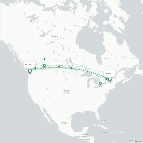 Mapa de vuelo directo Montreal - Vancouver
