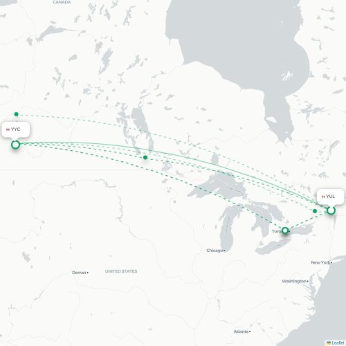 Mapa de vuelo directo Montreal - Calgary