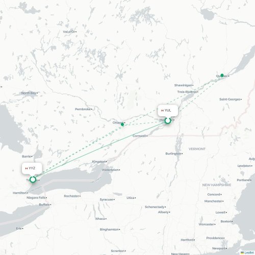 Mapa de vuelo directo Montreal - Toronto