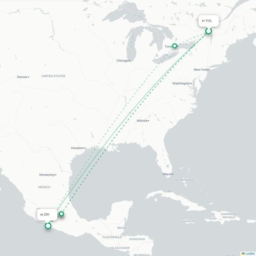 Mapa de vuelo directo Montreal - Ixtapa