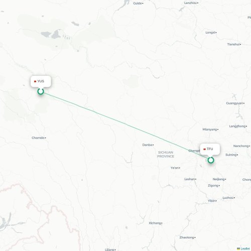 Mapa lotu bezpośredniego Yushu – Chengdu