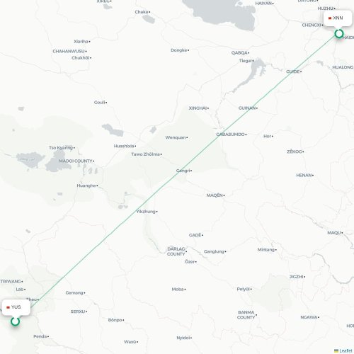 Mapa lotu bezpośredniego Yushu – Xining