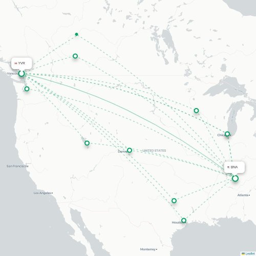 Mapa de vuelo directo Vancouver - Nashville
