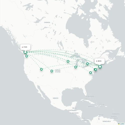 Vancouver - Boston kaart van rechtstreekse vlucht