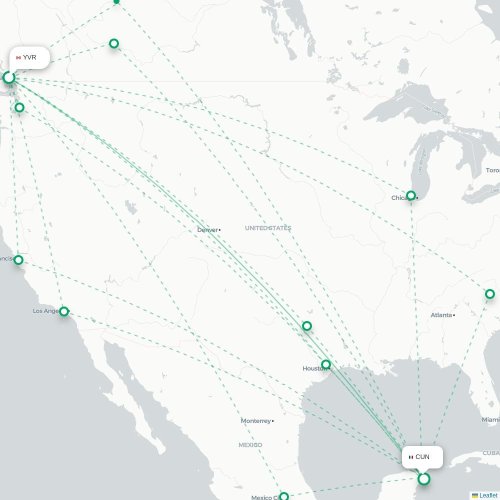Mapa de vuelo directo Vancouver - Cancún