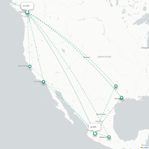 Mapa de vuelo directo Vancouver - Guadalajara