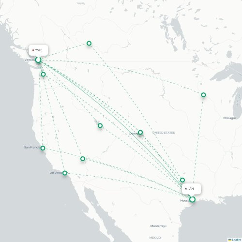 Mapa de vuelo directo Vancouver - Houston