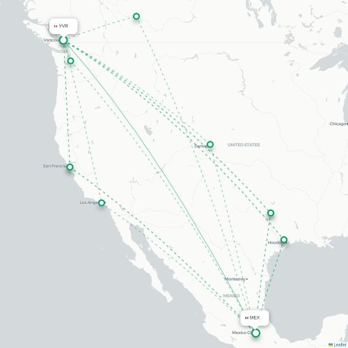Mapa de vuelo directo Vancouver - Ciudad de México, D.F.