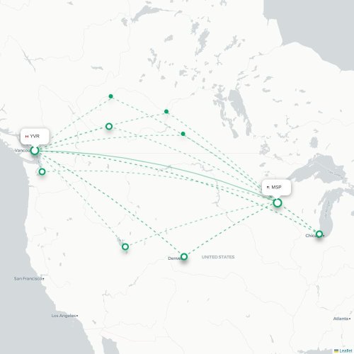Mapa lotu bezpośredniego Vancouver – Minneapolis