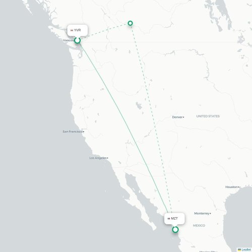 Mapa lotu bezpośredniego Vancouver – Mazatlán
