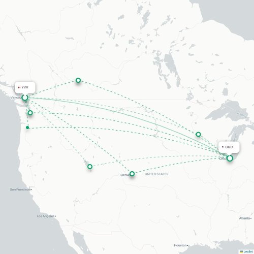 Mapa de vuelo directo Vancouver - Chicago