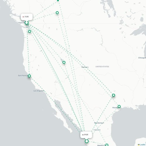 Mapa de vuelo directo Vancouver - Pto Vallarta