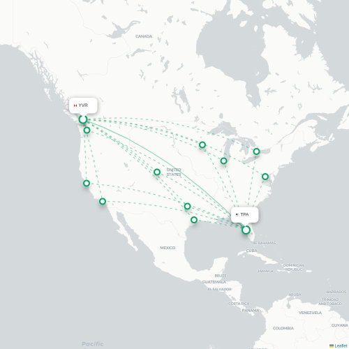 Mapa de vuelo directo Vancouver - Tampa