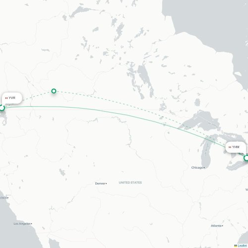 Mapa de vuelo directo Vancouver - Hamilton