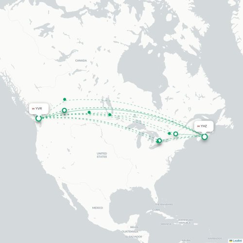 Vancouver – Halifax suoran lennon kartta