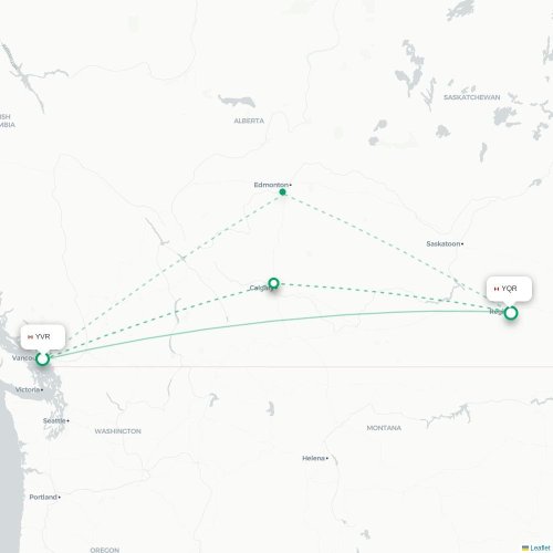 Mapa de vuelo directo Vancouver - Regina