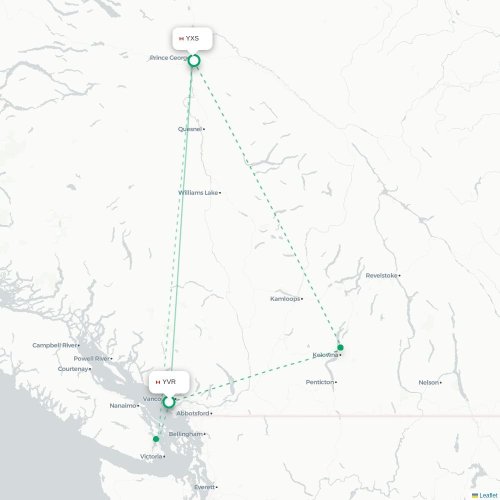 Mapa de vuelo directo Vancouver - Prince George