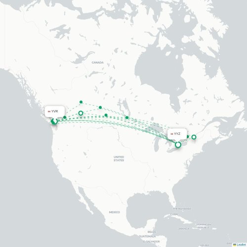 Mapa de vuelo directo Vancouver - Toronto