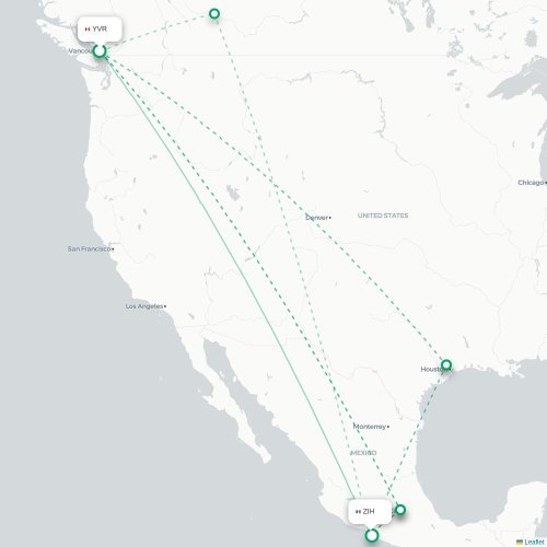 Mapa de vuelo directo Vancouver - Ixtapa