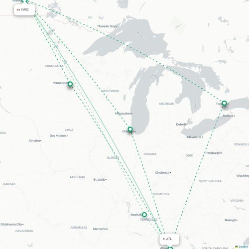Mapa de vuelo directo Winnipeg - Atlanta